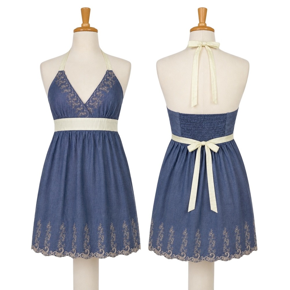 Annabelle Halter Dress Womens/Juniors L Blue Embroidered Cotton Boho Mini Picnic